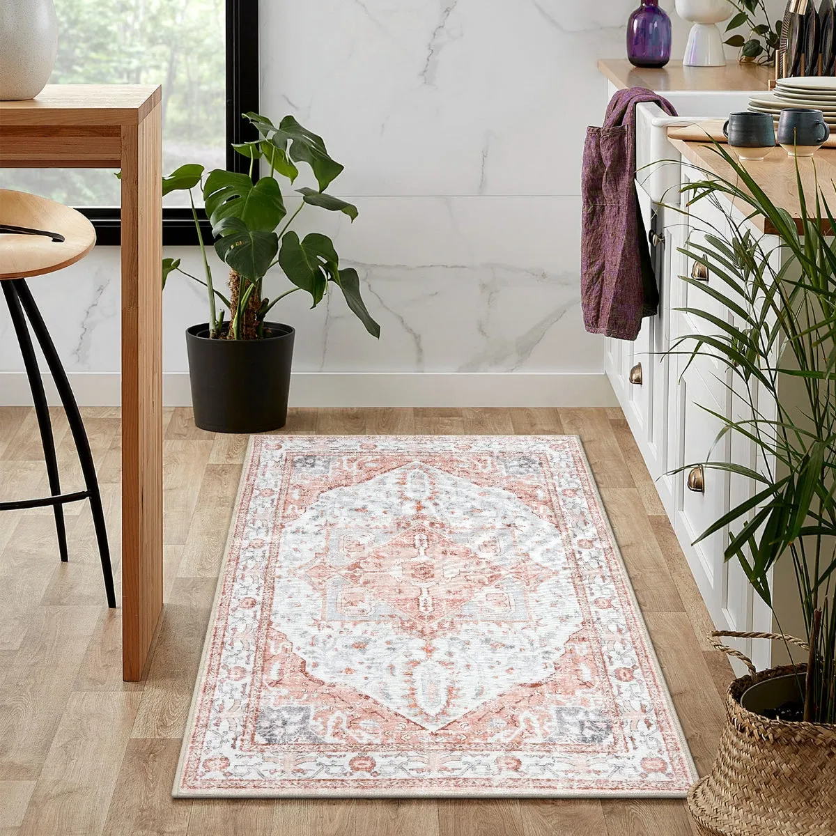 Harriet Traditional Medallion Distressed Pink Area Rug