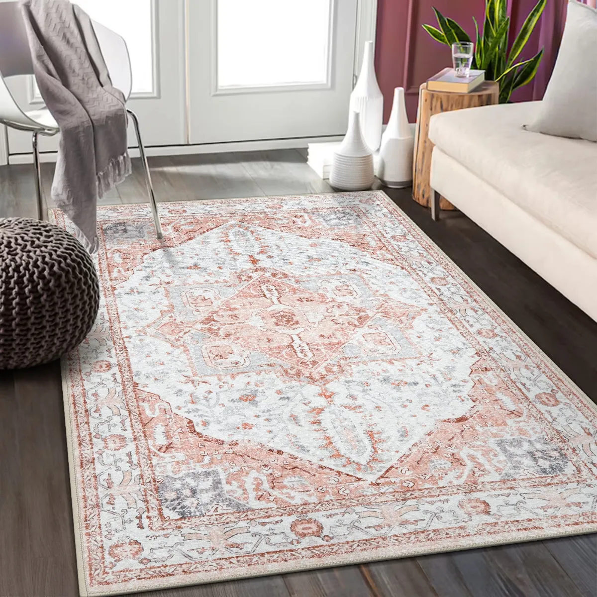 Harriet Traditional Medallion Distressed Pink Area Rug