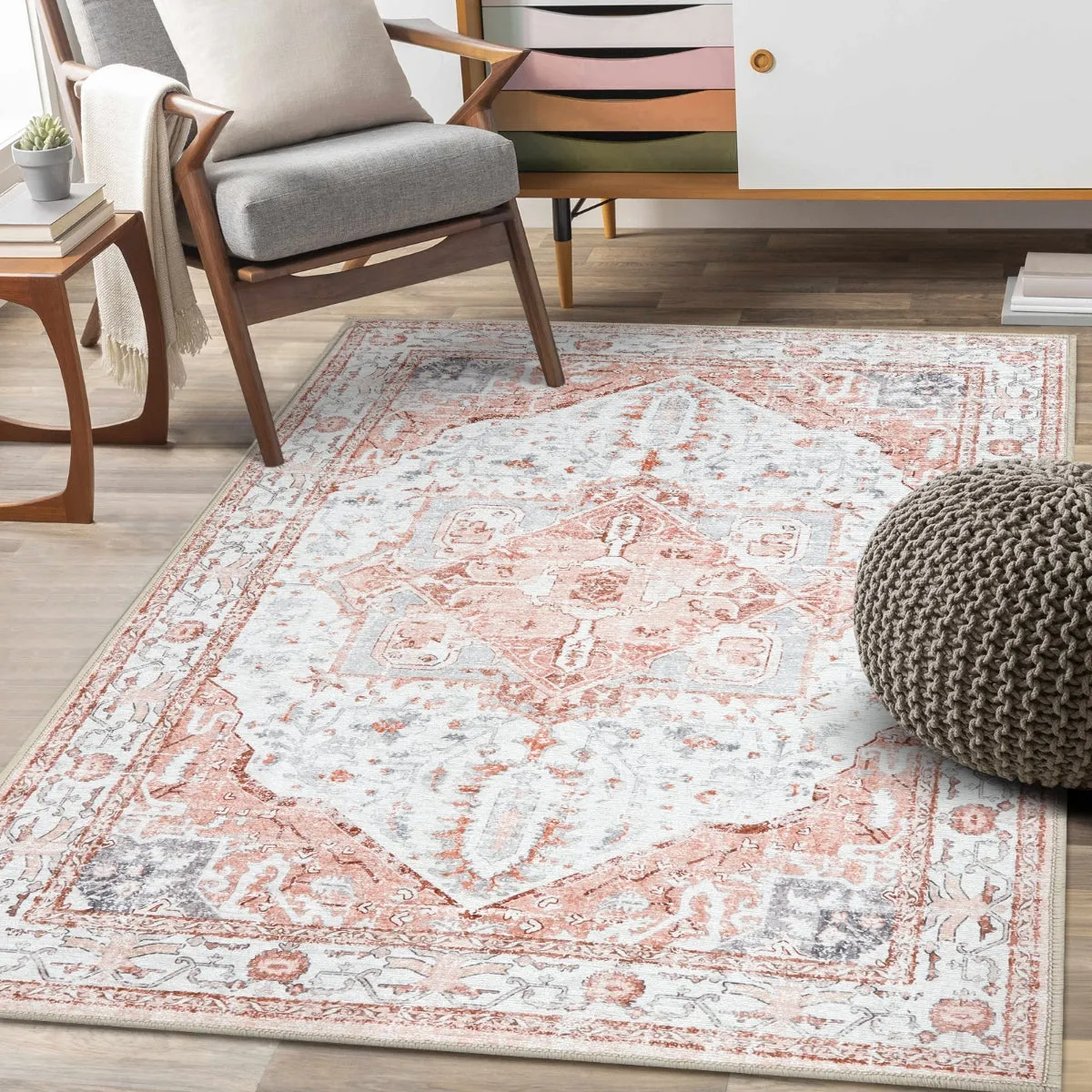 Harriet Traditional Medallion Distressed Pink Area Rug