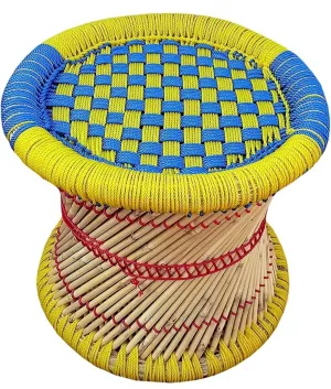 Harshit Craft ! Pure Handmade Bamboo Mudda Weaving Stool Yellow an Blue -15 X 15 Inch