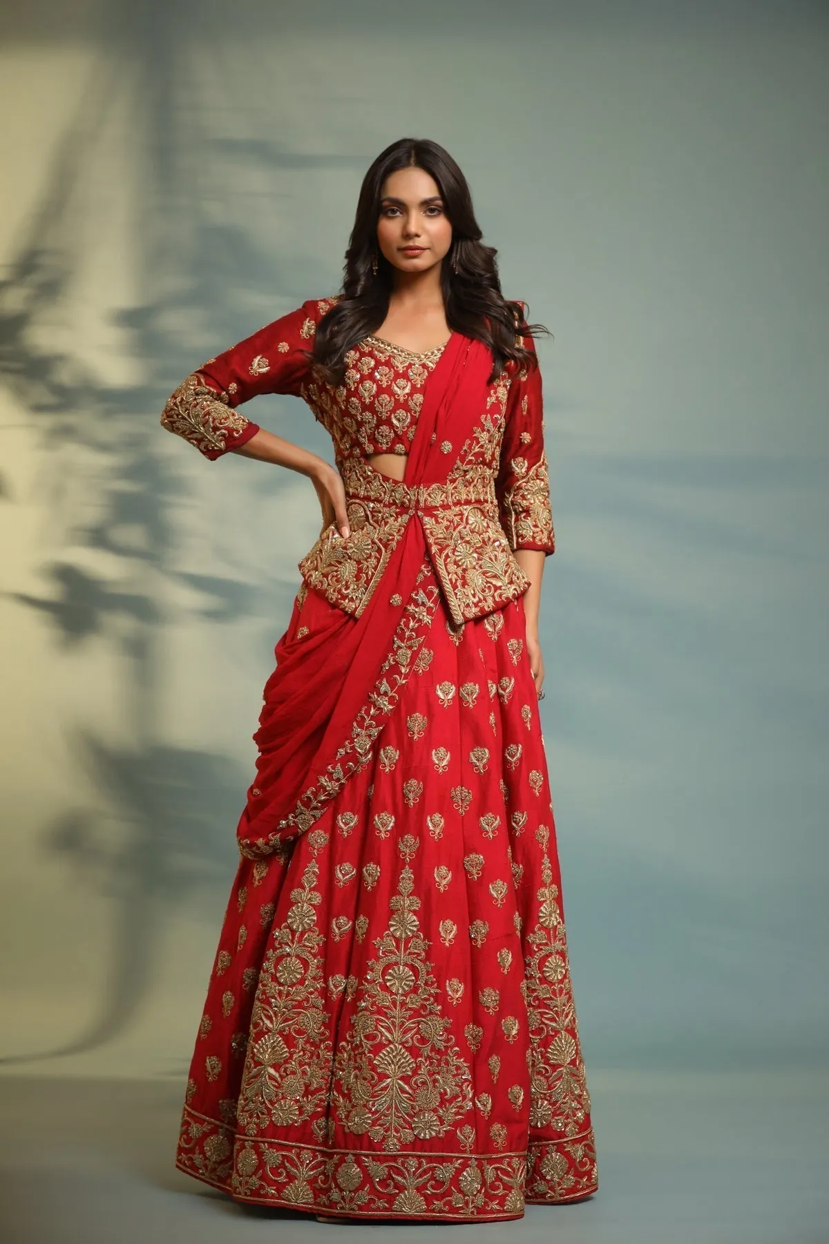 Haseena crimson red structured peplum lehenga set