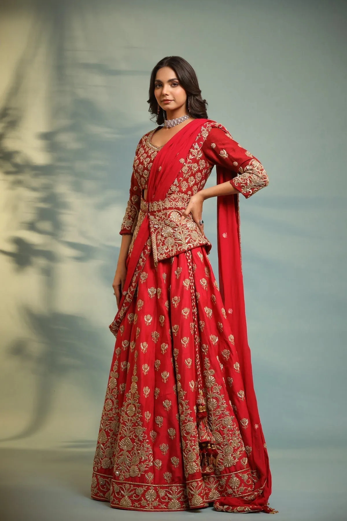 Haseena crimson red structured peplum lehenga set