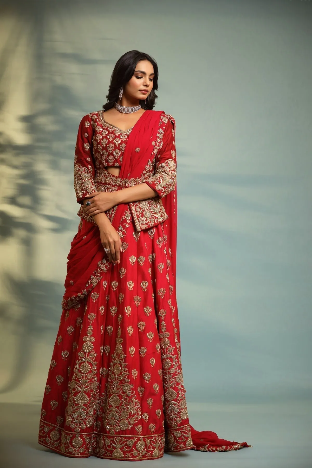 Haseena crimson red structured peplum lehenga set