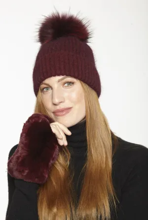 Hat, Angora Wool Blend Ribbed Knit Hat with Genuine Fur Pom, Multiple Colors - Linda Richards - Style HA62