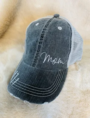 Hats { Mom } Gray distressed trucker with adjustable Velcro and hole for pony.