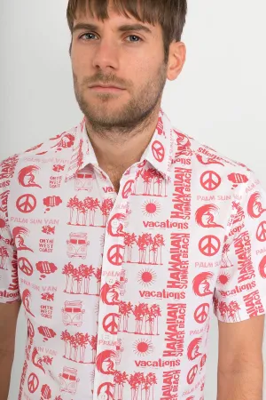 Hawaiian Campervan White Print Cotton Slim-Fit Mens Shirt Short Sleeve