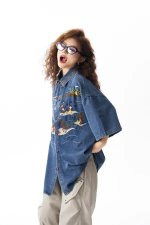 Hawaiian Embroidered Denim Short Sleeve Shirt