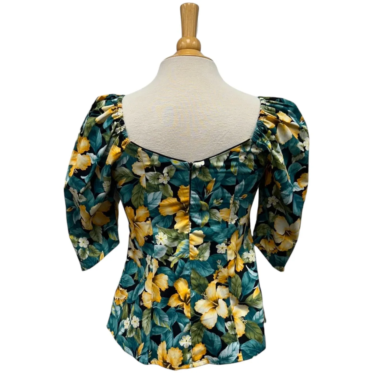 Hawaiian Half  Sleeve Tops | Green＆Yellow Hibiscus - 286B