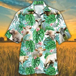 Hawaiian shirt for men, Charolais Cattle Lovers Tropical Plant Hawaiian Shirt, Cow Hawaiian shirt