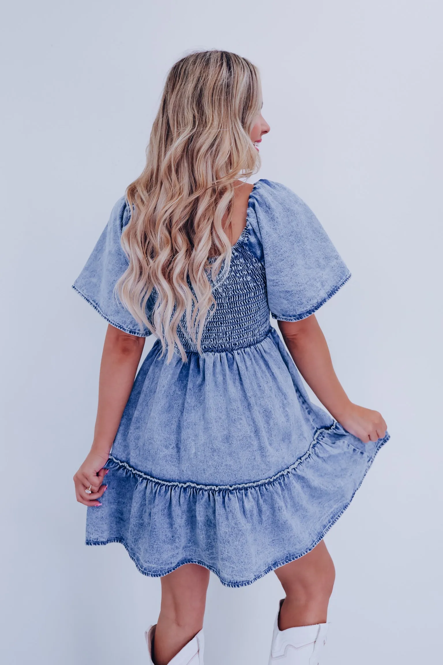 Hayden Smocked Tiered Denim Dress