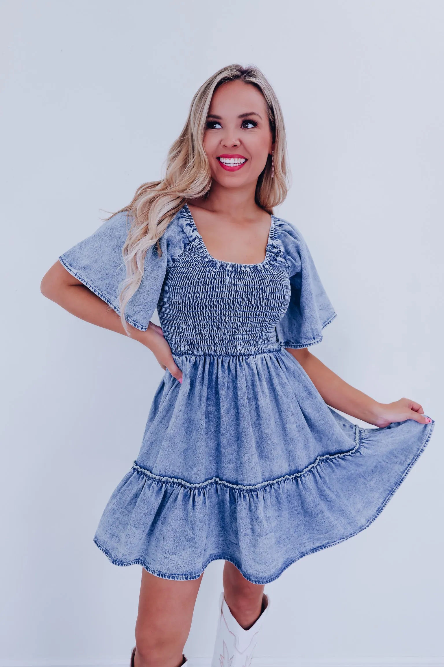 Hayden Smocked Tiered Denim Dress