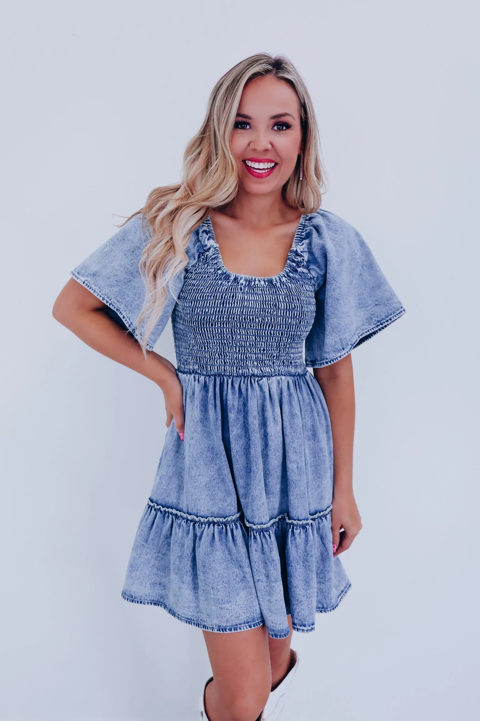 Hayden Smocked Tiered Denim Dress