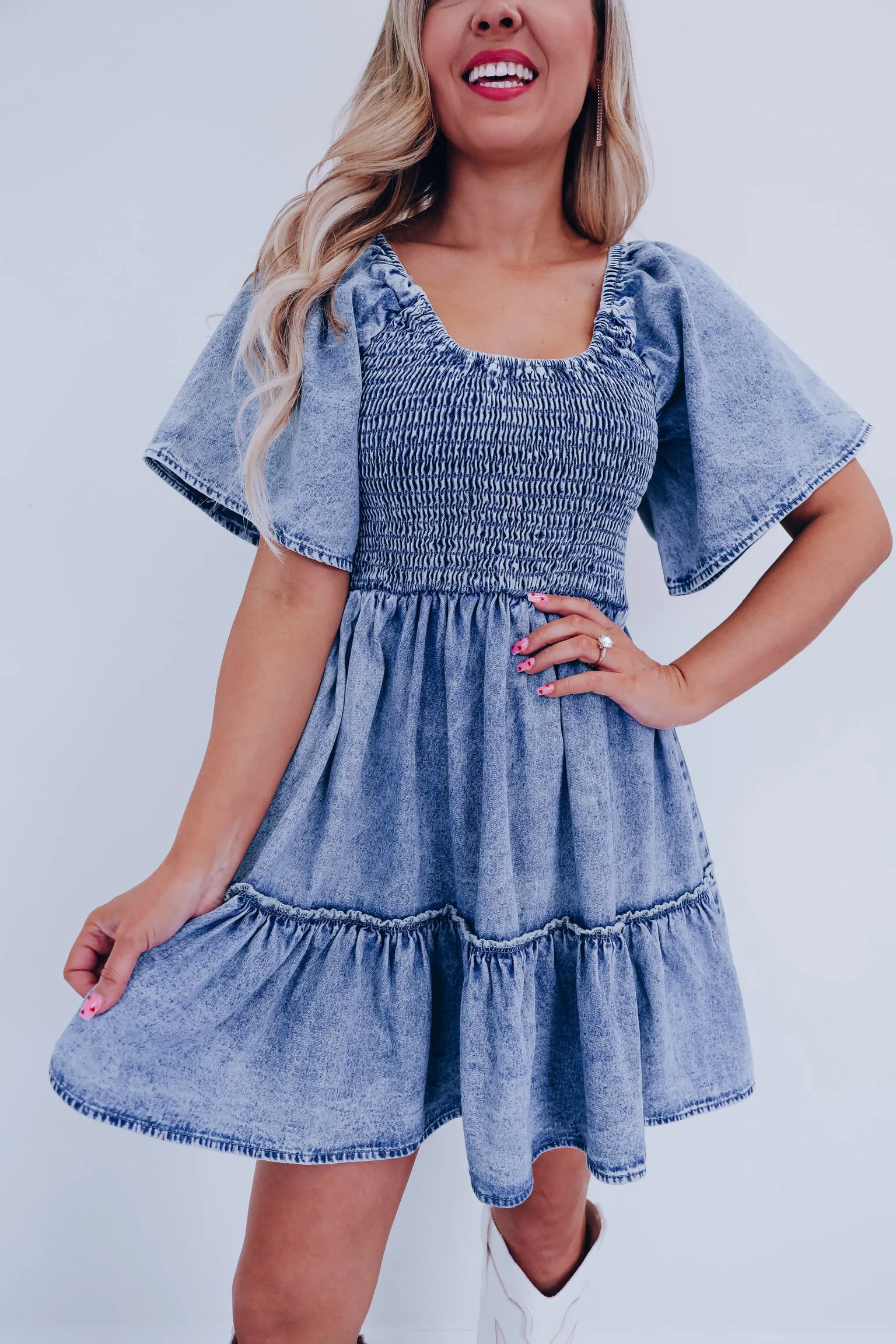 Hayden Smocked Tiered Denim Dress