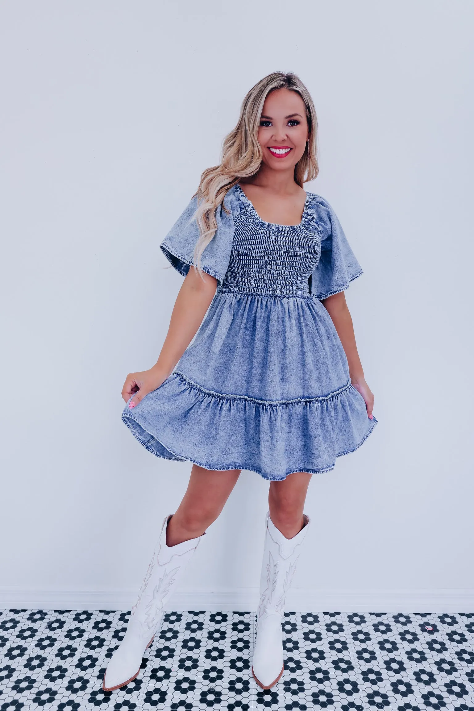 Hayden Smocked Tiered Denim Dress