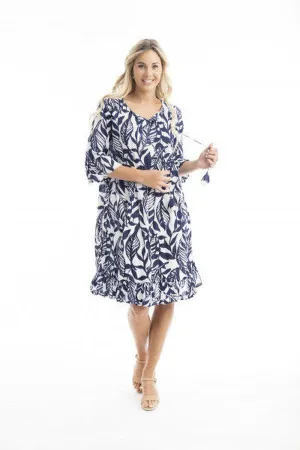 Hayman Navy Frill Sleeve Pinch Pleat Dress