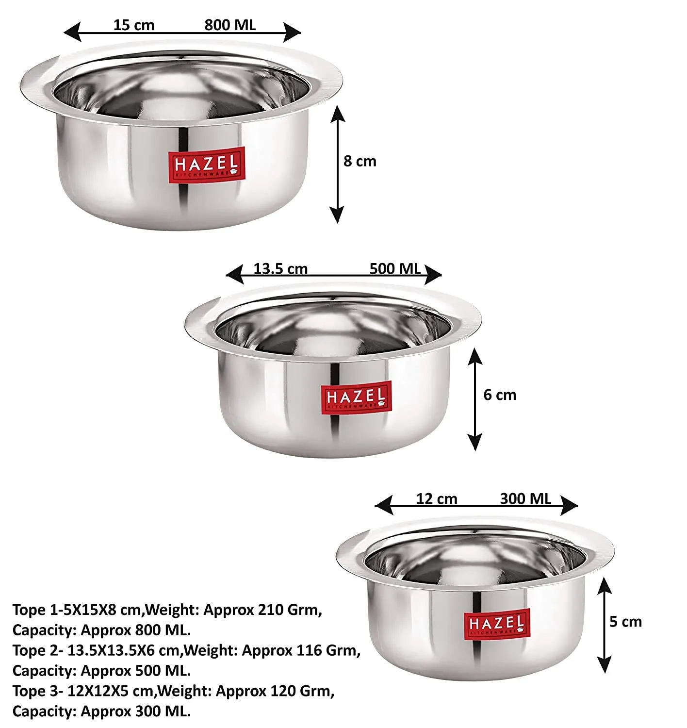 HAZEL Small Utensils Set for Kitchen | Set of 3 (300 ml, 500 ml & 800 ml) Small | Stainless Steel Mini Tope Set with Flat Bottom | Boiling Vessels, Multipurpose Steel Bhagona