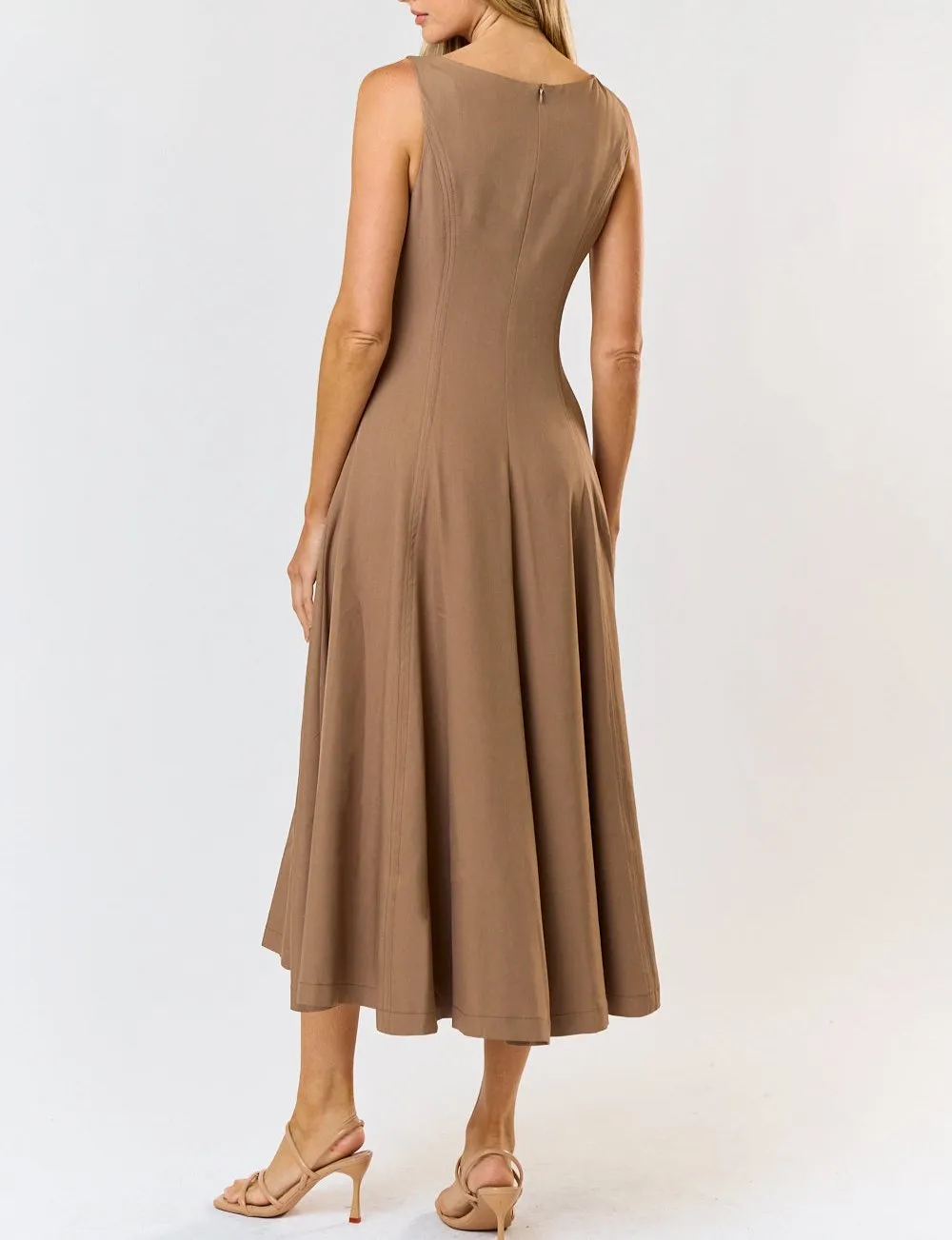 Hazlenut Cinched and Sleeveless Flare Bottom Dress