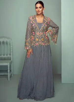 Hazy Grey Multi Embroidered Jacket Style Lehenga Suit