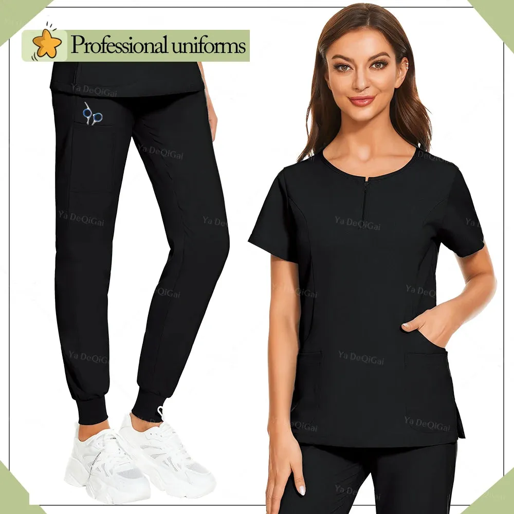 HC - Medical Scrub Uniform: Zippered top and pocket pants, ideal for salons and vet clinics