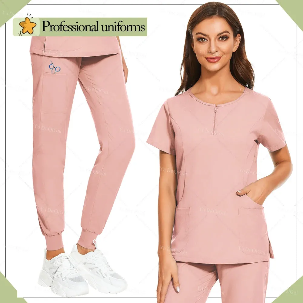 HC - Medical Scrub Uniform: Zippered top and pocket pants, ideal for salons and vet clinics