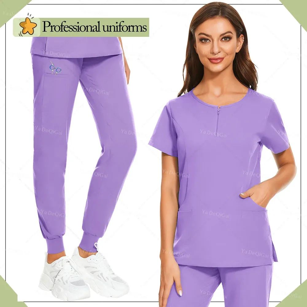 HC - Medical Scrub Uniform: Zippered top and pocket pants, ideal for salons and vet clinics