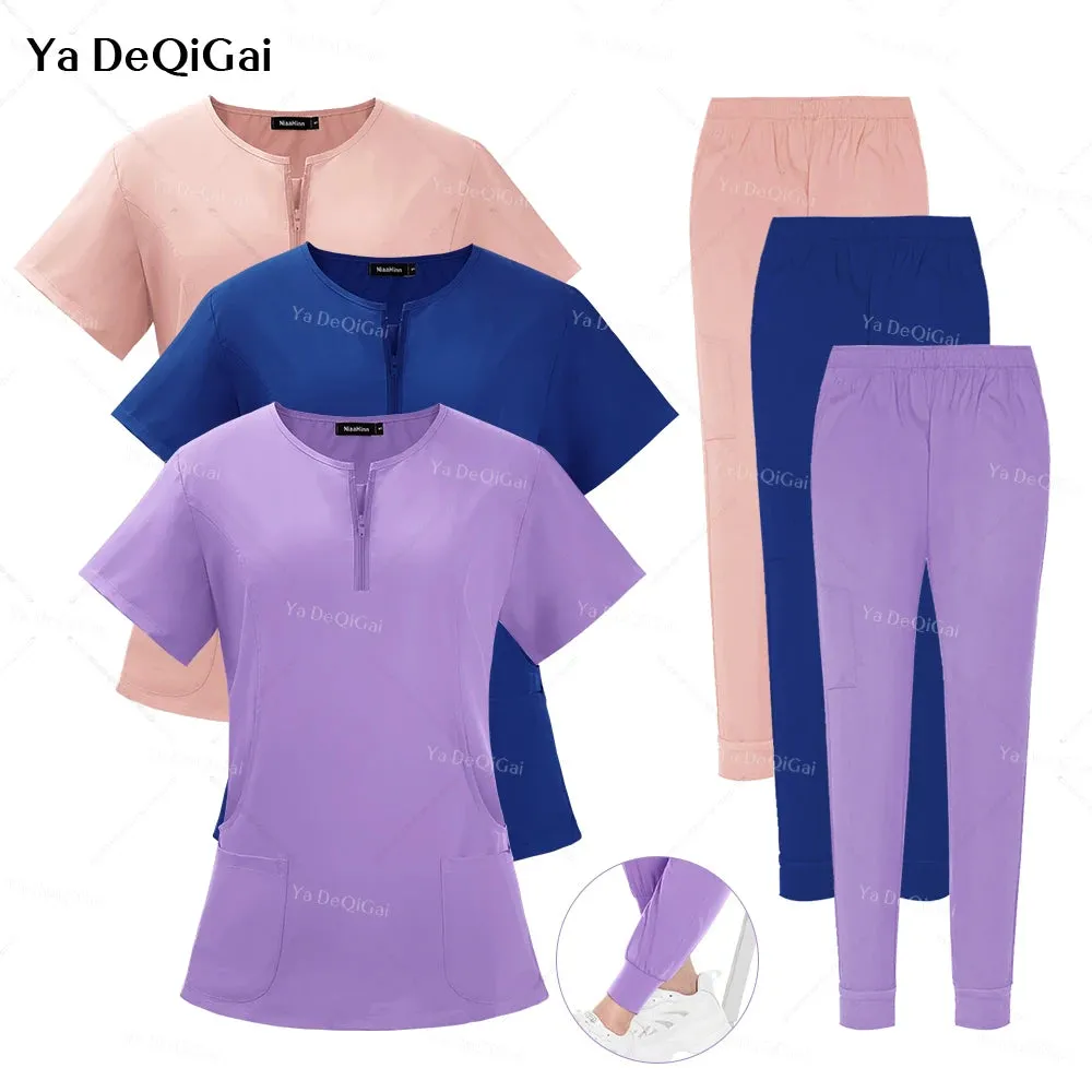 HC - Medical Scrub Uniform: Zippered top and pocket pants, ideal for salons and vet clinics