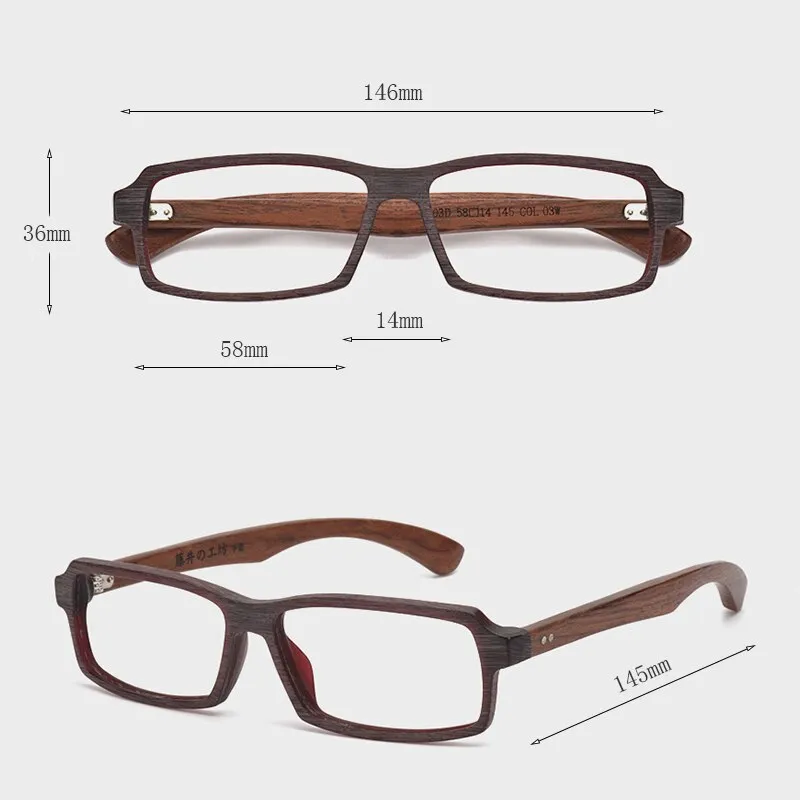 Hdcrafter Men's Full Rim Rectangle Wood Frame Eyeglasses 5603