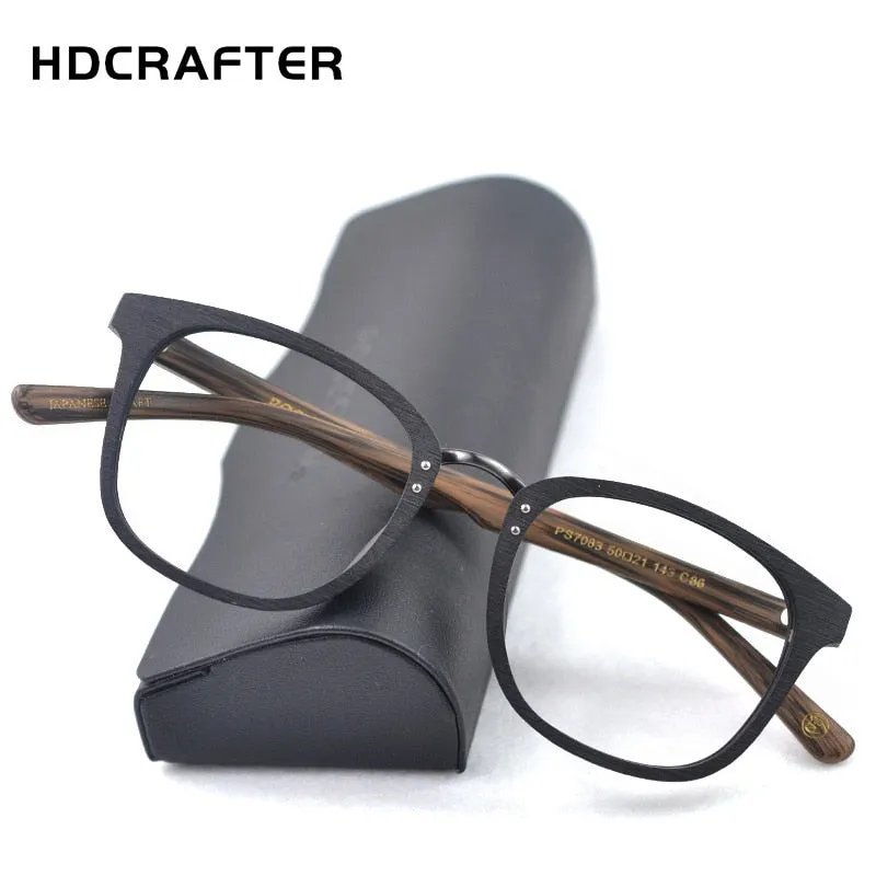 Hdcrafter Men's Full Rim Round Metal Wood Frame Eyeglasses Ps7083