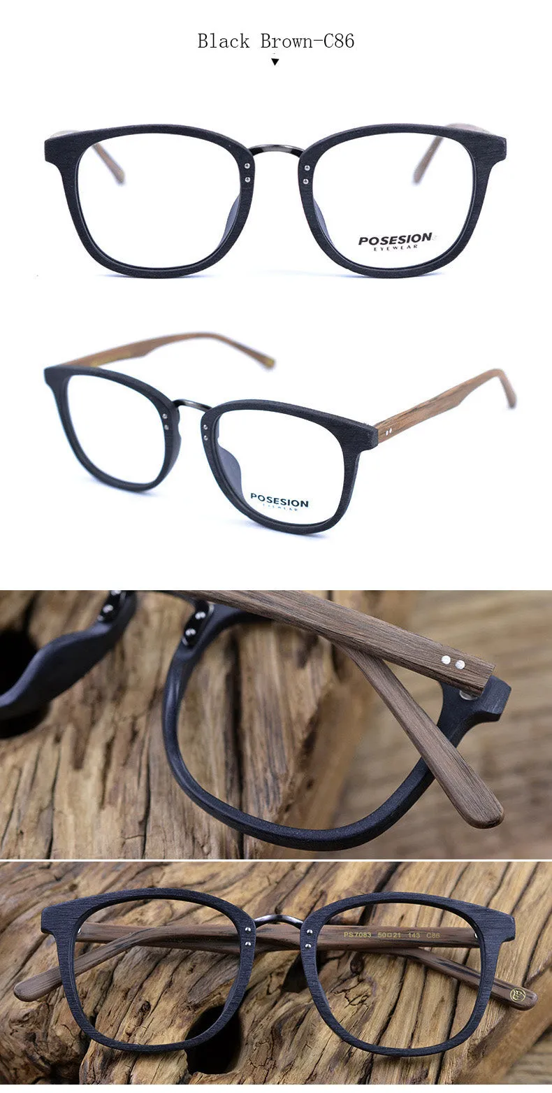 Hdcrafter Men's Full Rim Round Metal Wood Frame Eyeglasses Ps7083