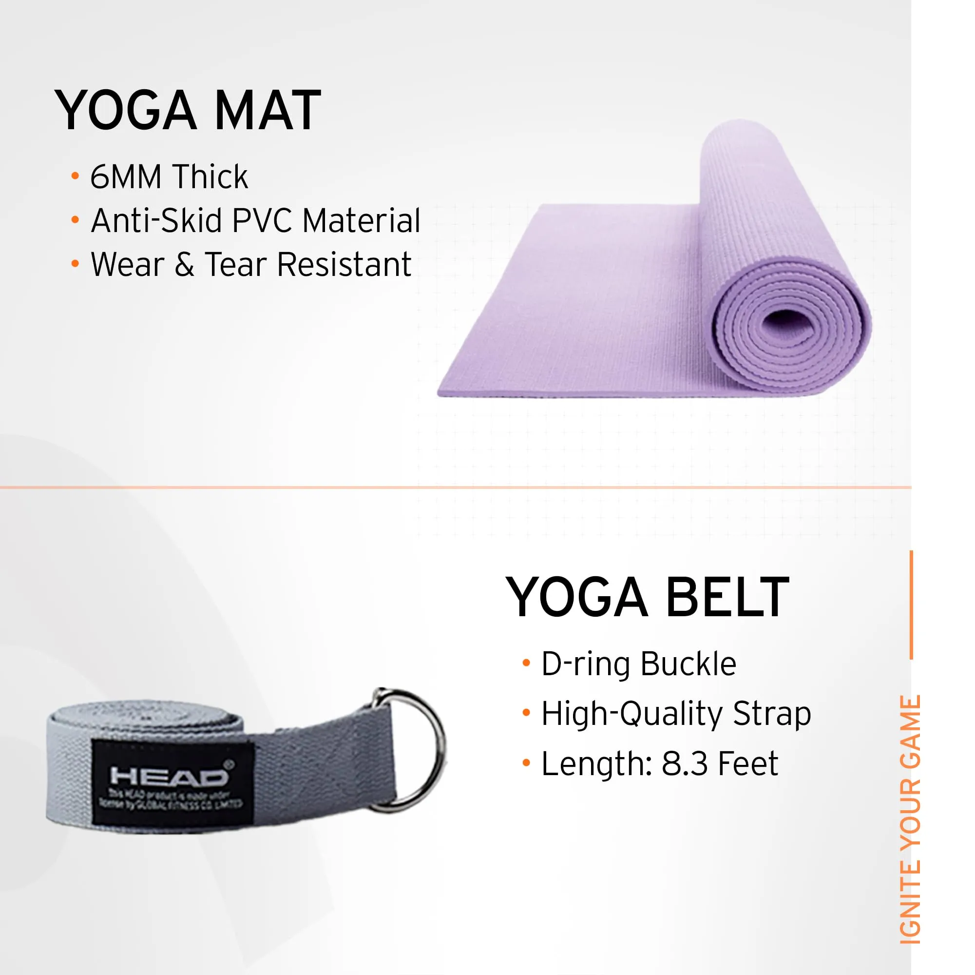 HEAD Yoga Pilates Kit | Yoga Set | Anti-Skid PVC Yoga Mat (6MM) | Yoga Block Set of 2 EVA Foam | Yoga Wheel ABS Material | Yoga Belt 8.3 Feet | Equipment for Workout - Men & Women | Improves Strength