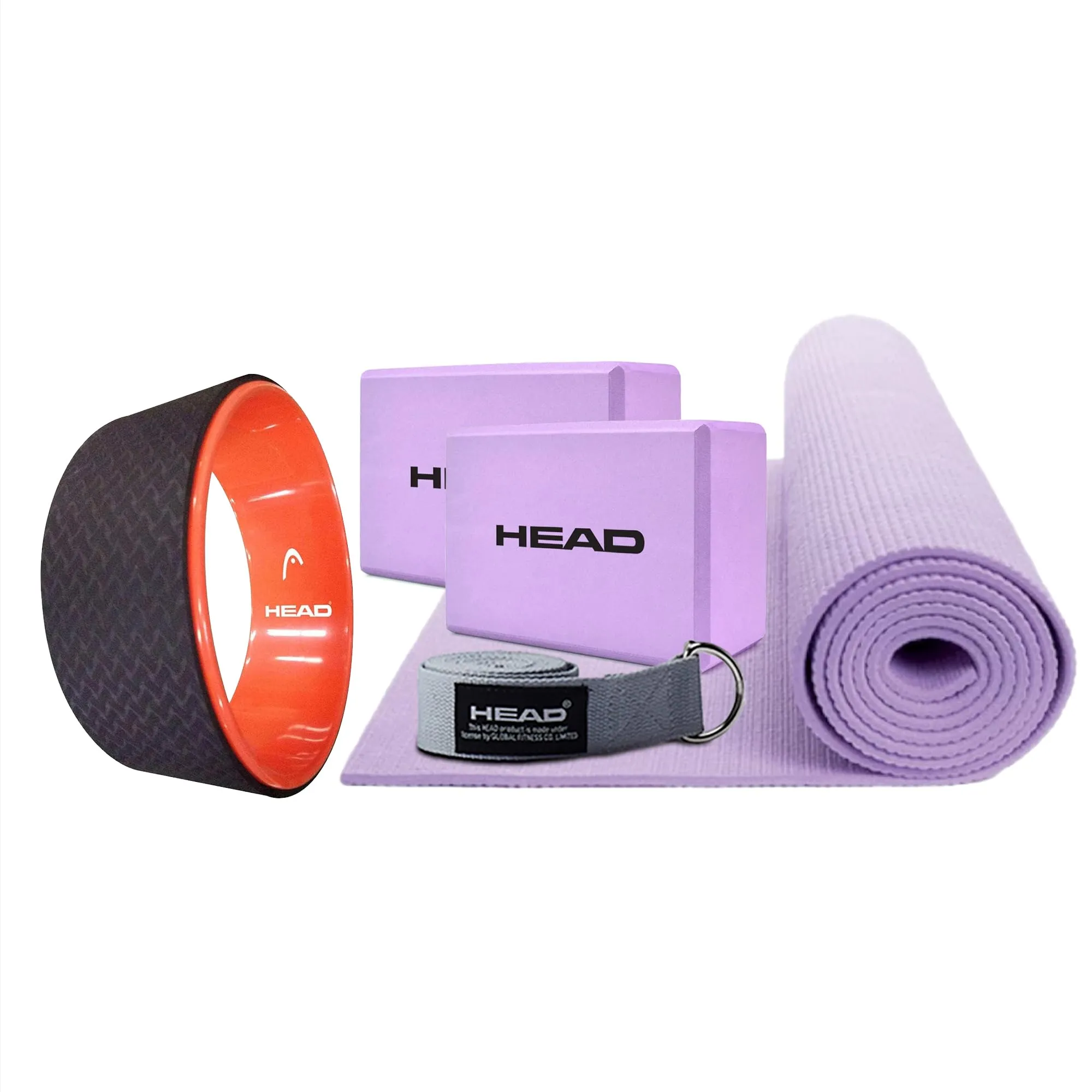 HEAD Yoga Pilates Kit | Yoga Set | Anti-Skid PVC Yoga Mat (6MM) | Yoga Block Set of 2 EVA Foam | Yoga Wheel ABS Material | Yoga Belt 8.3 Feet | Equipment for Workout - Men & Women | Improves Strength