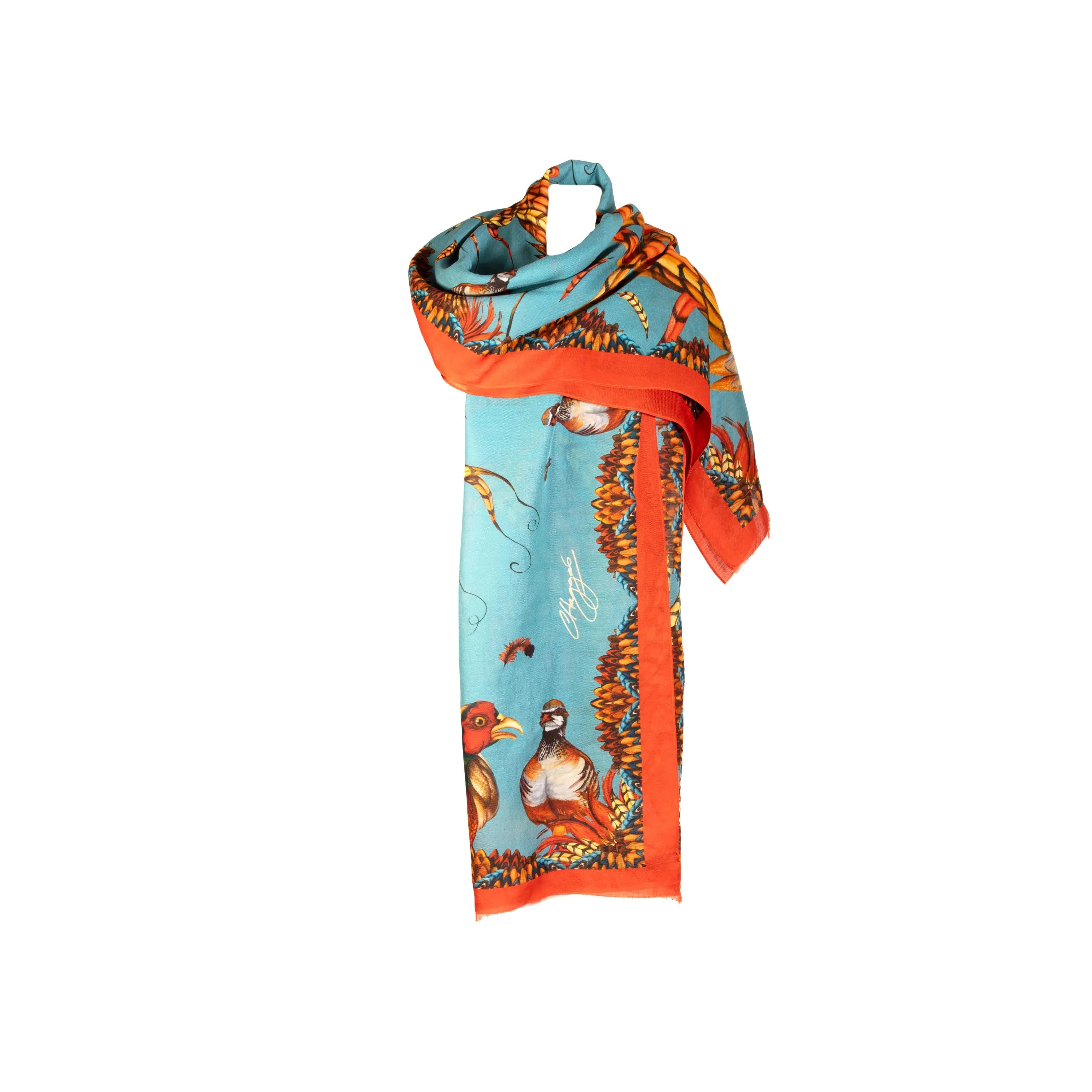 Heads or Tails Duck Egg Blue and Rust Wool Silk Wrap Scarf