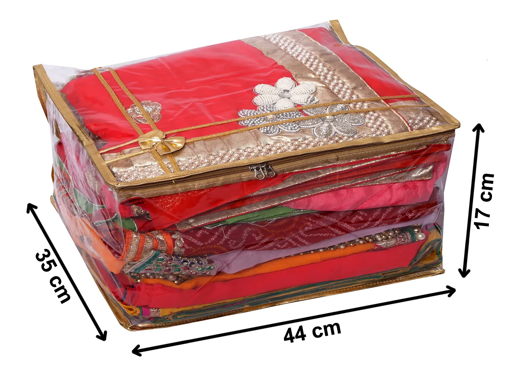 Heart Home Bow Design 7" inch Transparent PVC Saree Cover, Lahenga Cover, Gown Cover, Clothes Storage Bag/Organiser For Wardrobe With Golden Border (Set of 2,Gold)-HS_38_HEARTH21547