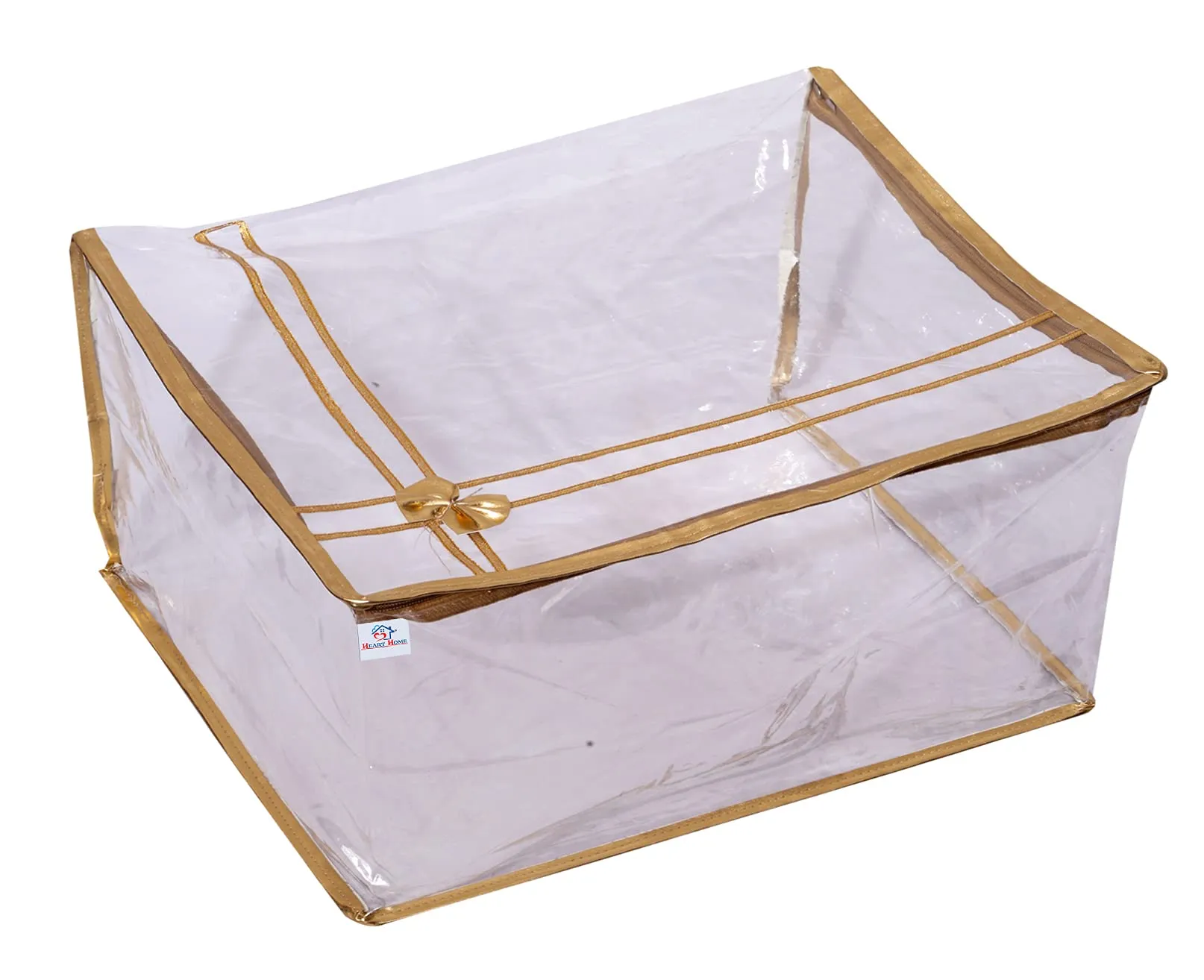 Heart Home Bow Design 7" inch Transparent PVC Saree Cover, Lahenga Cover, Gown Cover, Clothes Storage Bag/Organiser For Wardrobe With Golden Border (Set of 2,Gold)-HS_38_HEARTH21547