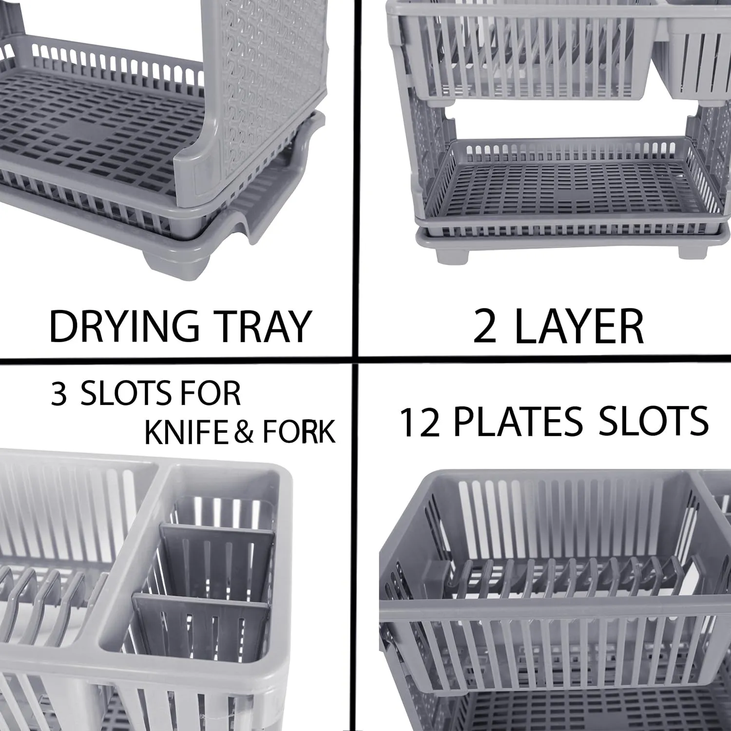 Heart Home Dish Rack | Plastic Dish Rack with Drainer | Drying Basket with Tray | Kitchen Drying Rack with Tray | Bartan Stand for Kitchen | Bartan Jali Rack | Gray