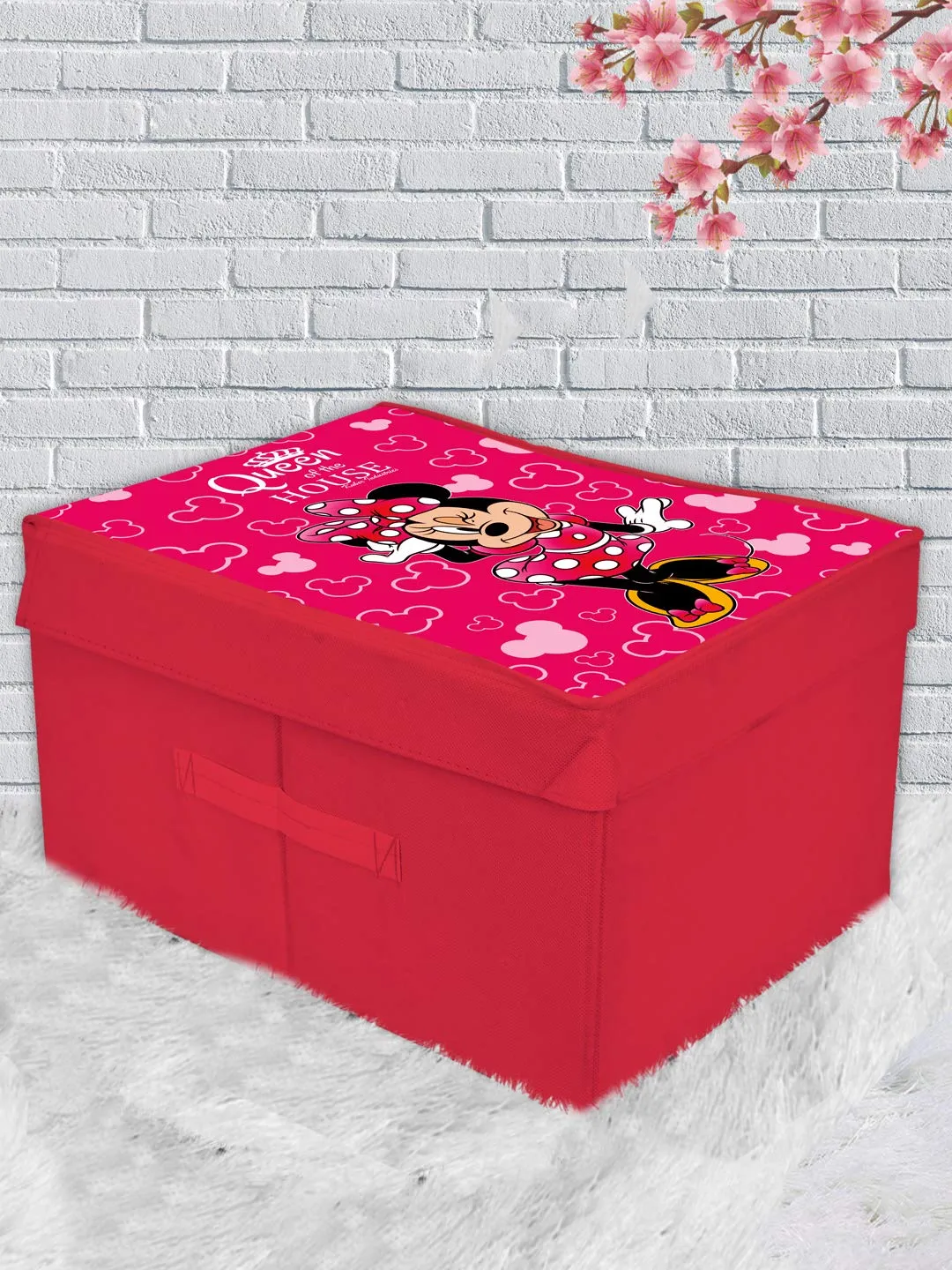 Heart Home Disney Minnie Print Non Woven Flodable Storage Box/Organizer With Lid Handle|Storage Box For Clothes|Toy Storage Box Large Size (Pink)