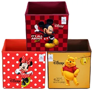 Heart Home Disney Print Non Woven Fabric 3 Pieces Foldable Large Size Storage Cube Toy, Books, Shoes Storage Box with Handle (Red, Maroon & Brown)-HEART10815