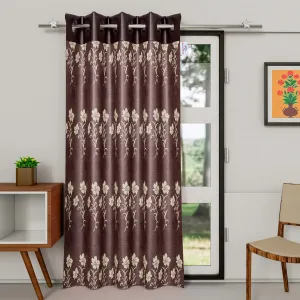 Heart Home Faux Silk Decorative 9 Feet Long Door Curtain | Floral Print Blackout Drapes Curtain with 8 Eyelet for Home & Office (Light Brown)