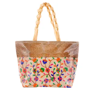 Heart Home Floral Design Silk Laminated Embroidered Women's Handbag (Cream) - CTHH13684