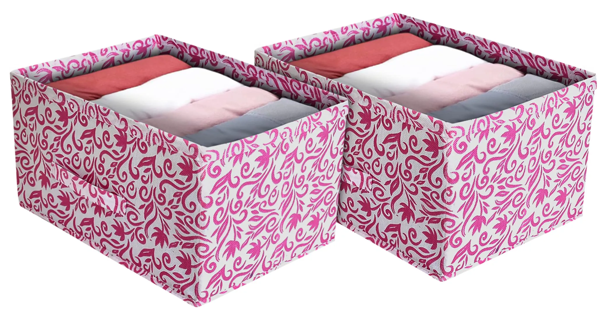 Heart Home Floral Printed Non-Woven Rectangular Flodable Cloth Storage Box/Drawer- Pack of 2 (Pink)-HS43HEARTH26302