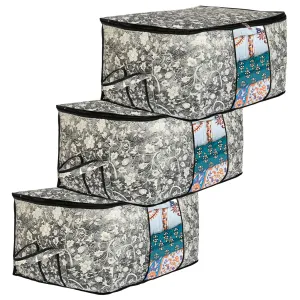 Heart Home Flower Design Non-woven Foldable Underbed/Storage Bag/Wardrobe Organizer With Transparent Window- Pack of 3 (Grey & Cream)-44HH0477