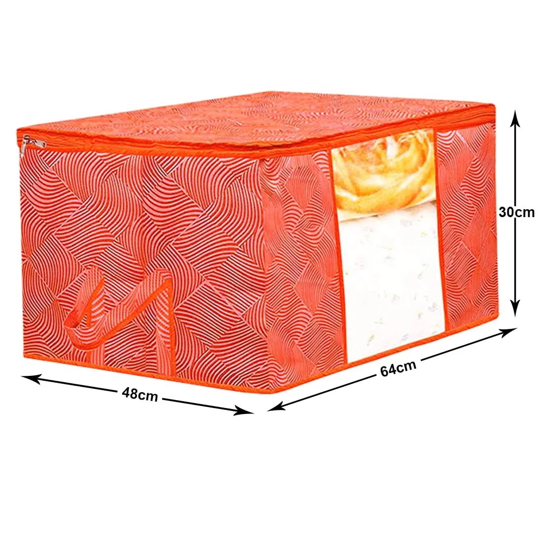 Heart Home Lahariya Design Non-woven Foldable Underbed/Storage Bag/Wardrobe Organizer With Transparent Window- Pack of 12 (Orange)-44HH0507