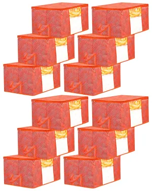 Heart Home Lahariya Design Non-woven Foldable Underbed/Storage Bag/Wardrobe Organizer With Transparent Window- Pack of 12 (Orange)-44HH0507