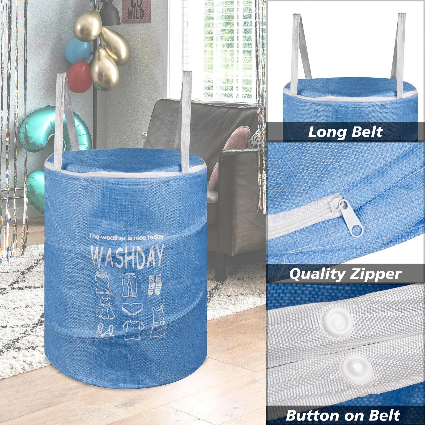 Heart Home Laundry Basket | Round Laundry Basket | Jute Storage Bag with Button Handles | Clothes Bag for Home | Toy Storage Basket | 45 LTR | Pack of 2 | Blue & Gray