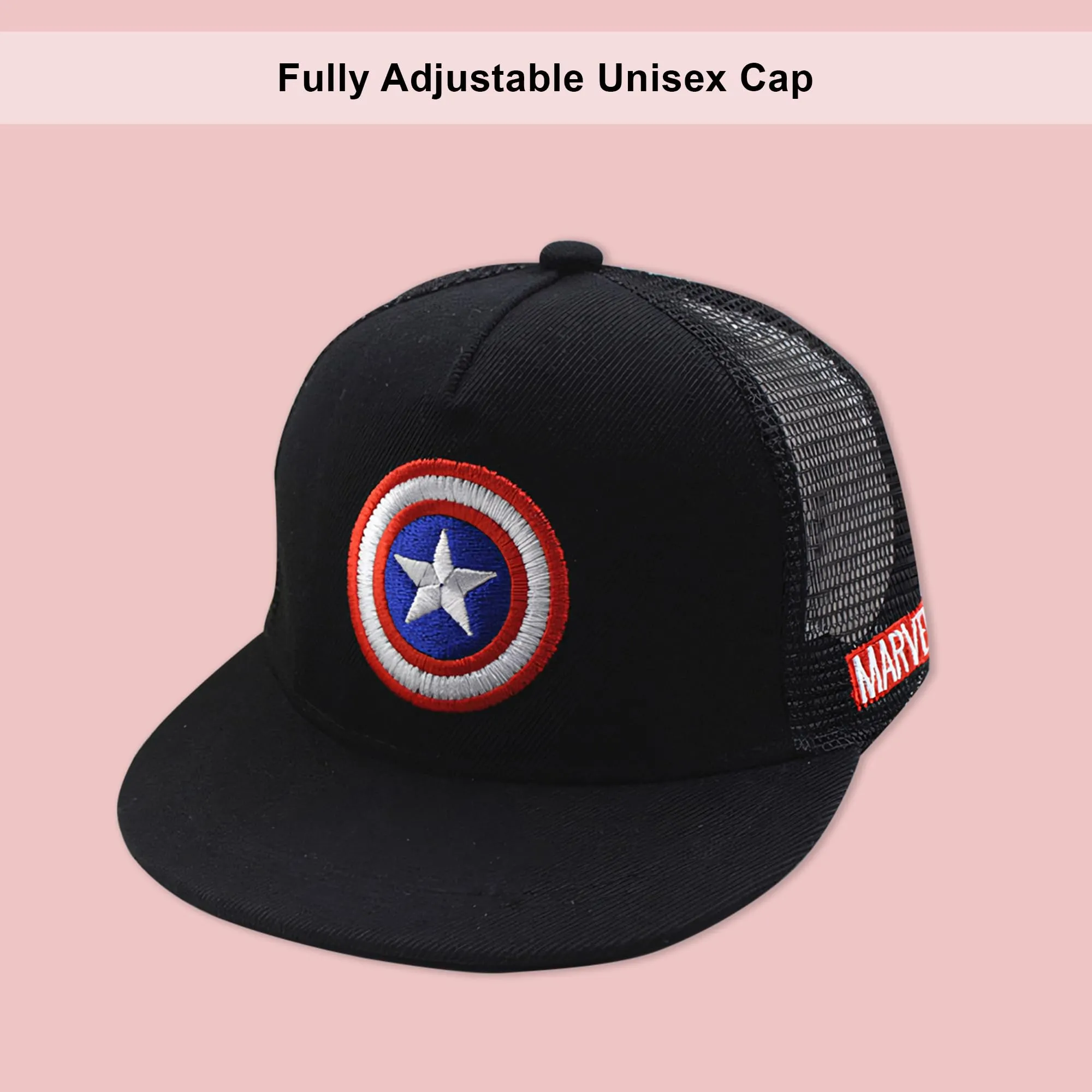 Heart Home Marvel Captain America Cap | Adjustable Cap for Boys and Girls | Cartoon Character Printed Little Cap for Kids | Cap for 7-12 Year Old Baby Girls and Boys | QI0066-C | Black