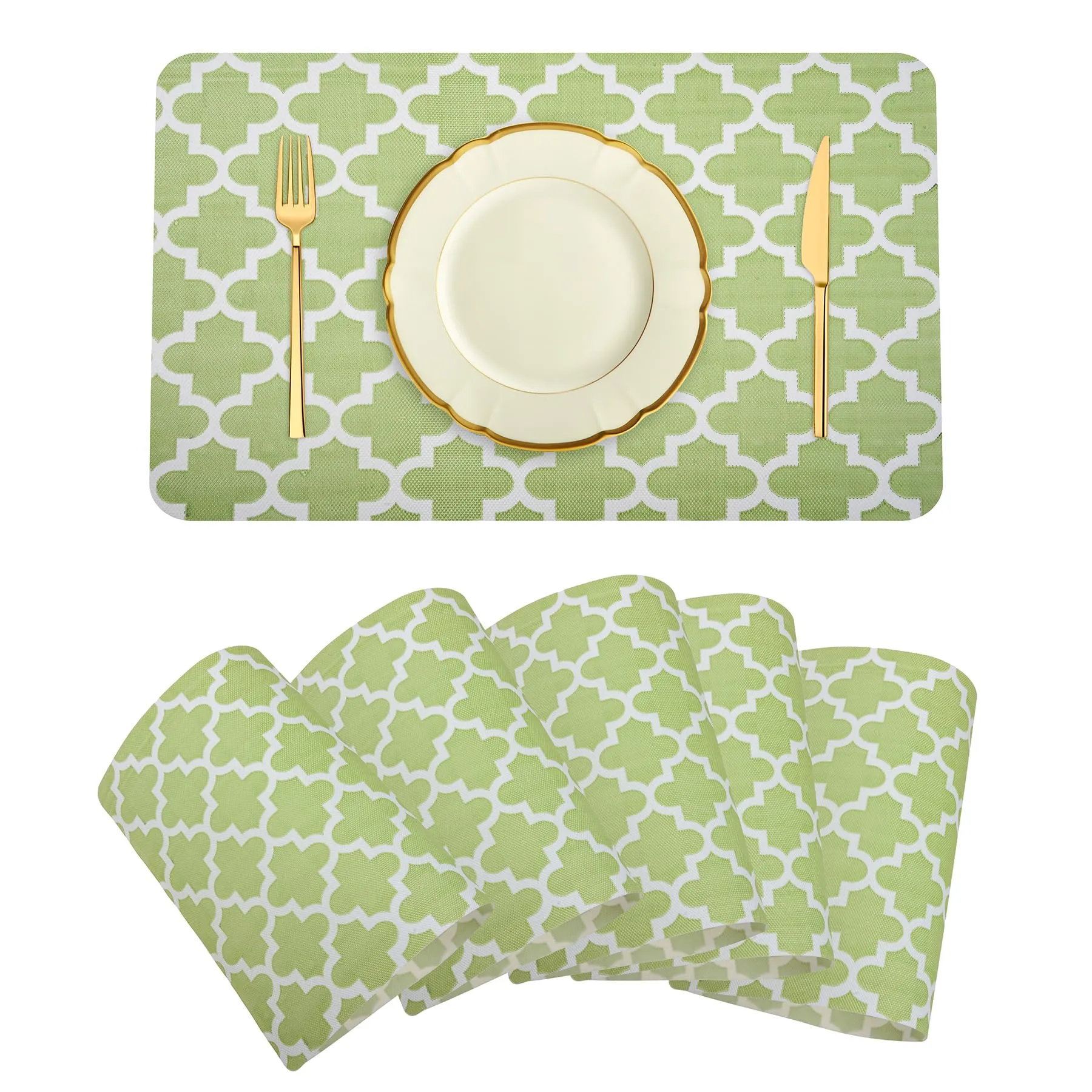 Heart Home Placemat | Placemats for Dining Room | Anti-Slip Table Mat Set | Placemats for Kitchen Table | Dining Table Placemats | Hexagon-Design Placemat | 6 Piece Set | Green