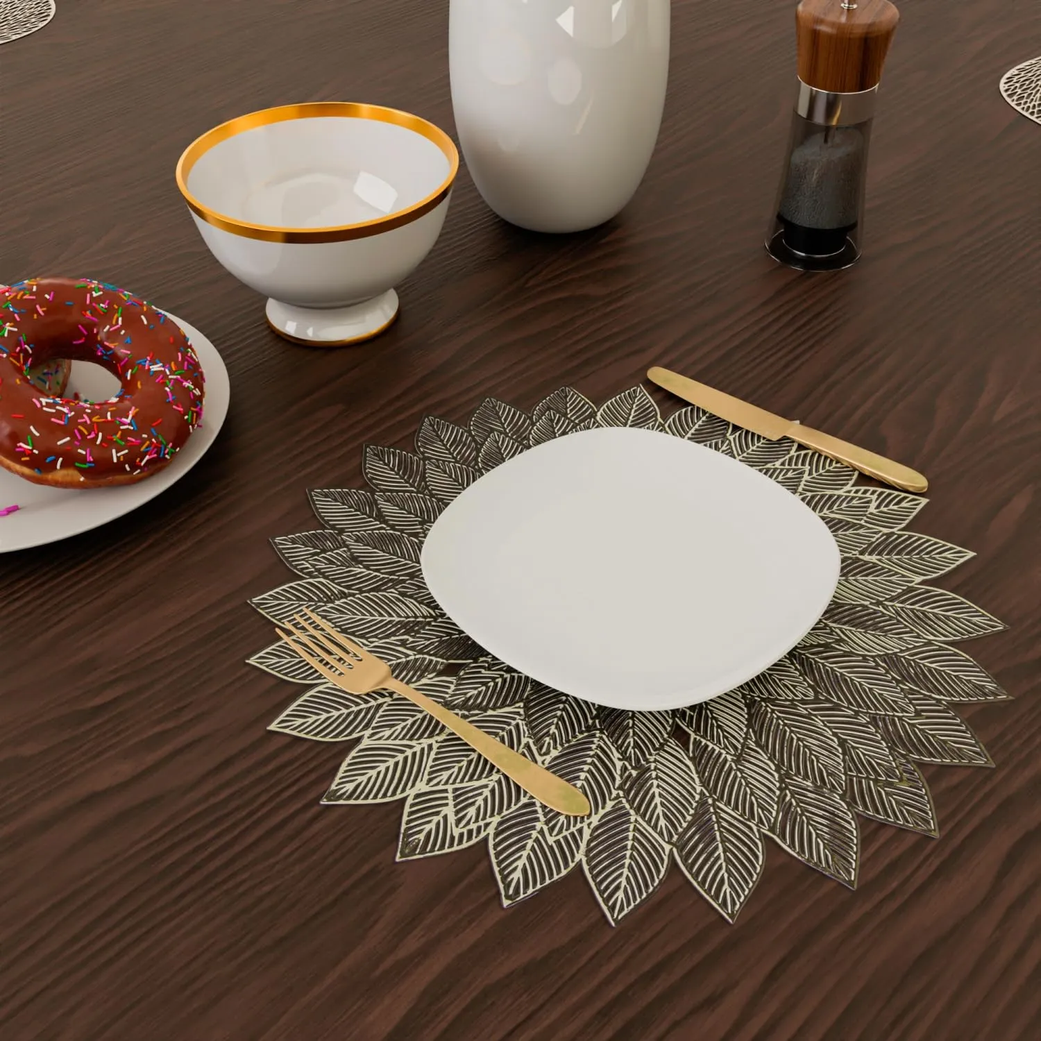 Heart Home Placemat | Placemats for Dining Room | Designer Table Mat Set | Placemats for Kitchen Table | Side Table Placemats | Round Flower Placemat | 4 Piece Set | Golden