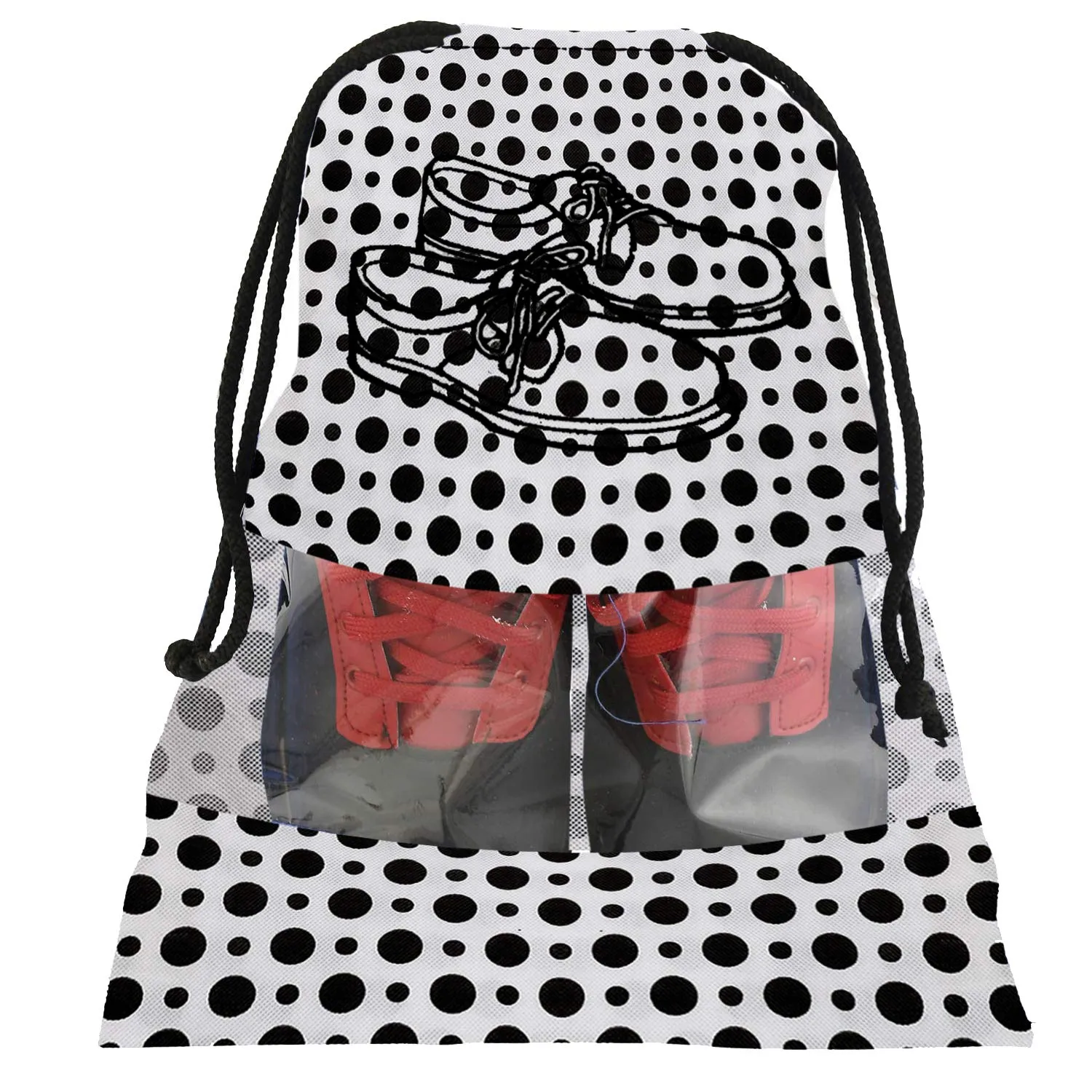 Heart Home Polka Dots Print 18 Piece Non Woven Travel Shoe Cover, String Bag Organizer (Black & White)