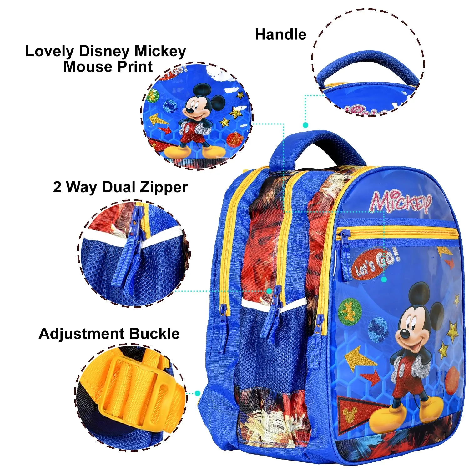 Heart Home Polyester Waterproof Shiny Disney Mickey Mouse Print Backpack|Sturdy School Bag For Kids,16 Inch (Navy Blue)