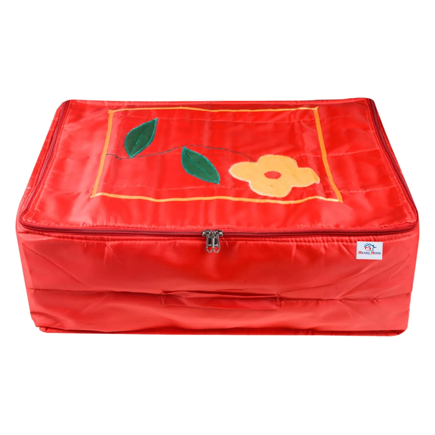 Heart Home Saree Cover | Parachute Wardrobe Organizer for Travel | Foldable Flower Applique Print Clothes Storage Bag with Zipper | Extra Large | Red